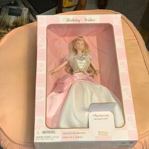 Vintage 1999 Barbie birthday wishes Collector Doll in Pink and White Gown new